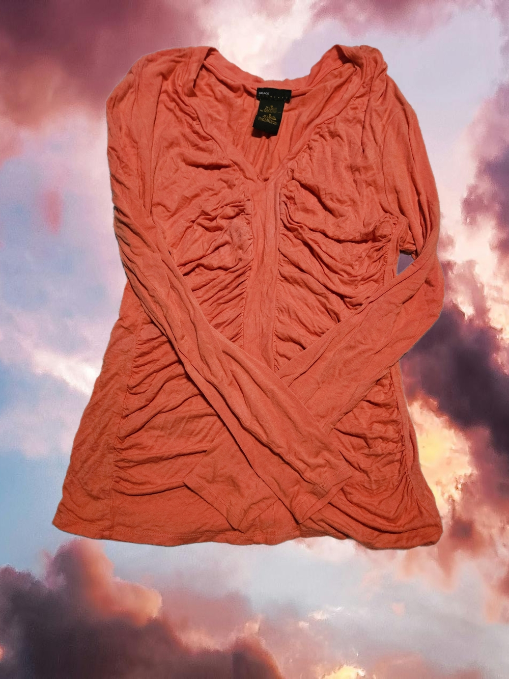 Grace Elements Coral Pink Ruched V-Neck Long Sleeve Top